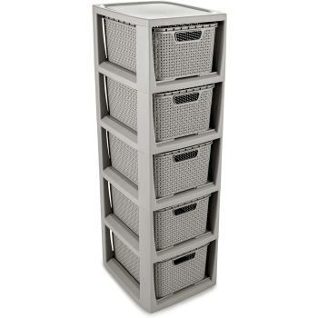 BRANQ - Regał łazienkowy - Rattan - 5x kosze - komoda - szary