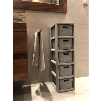 BRANQ - Regał łazienkowy - Rattan - 5x kosze - komoda - szary