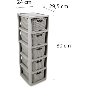 BRANQ - Regał łazienkowy - Rattan - 5x kosze - komoda - szary