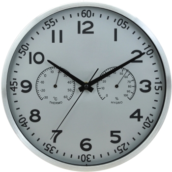 KOKO - Duży zegar ścienny - na ścianę - wiszący - termometr - higrometr - aluminium - srebrny - Ø 30 cm - KO-9232