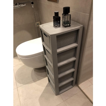 BRANQ - Regał łazienkowy - Rattan - 5x kosze - komoda - szary